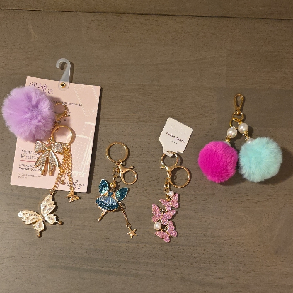Key Chain/Bag Charm with Butterflies and Pompoms CHOOSE ONE